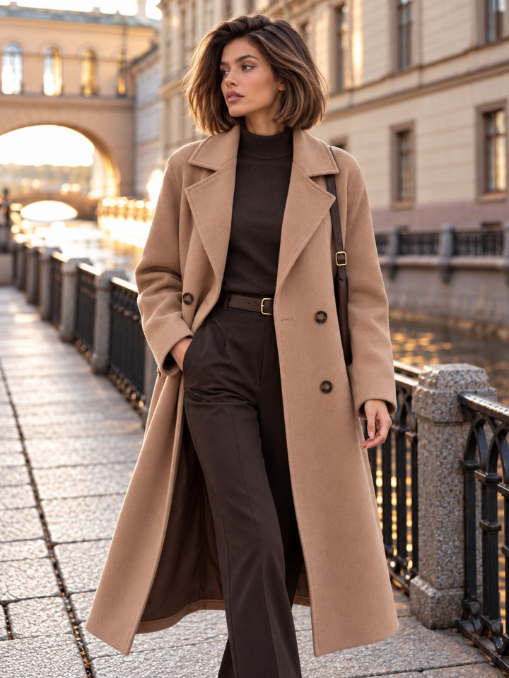 Женское карамельное двубортное пальто Serafina в СПб купить - фото 2