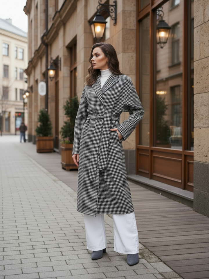 Пальто женское серое клетка Mia