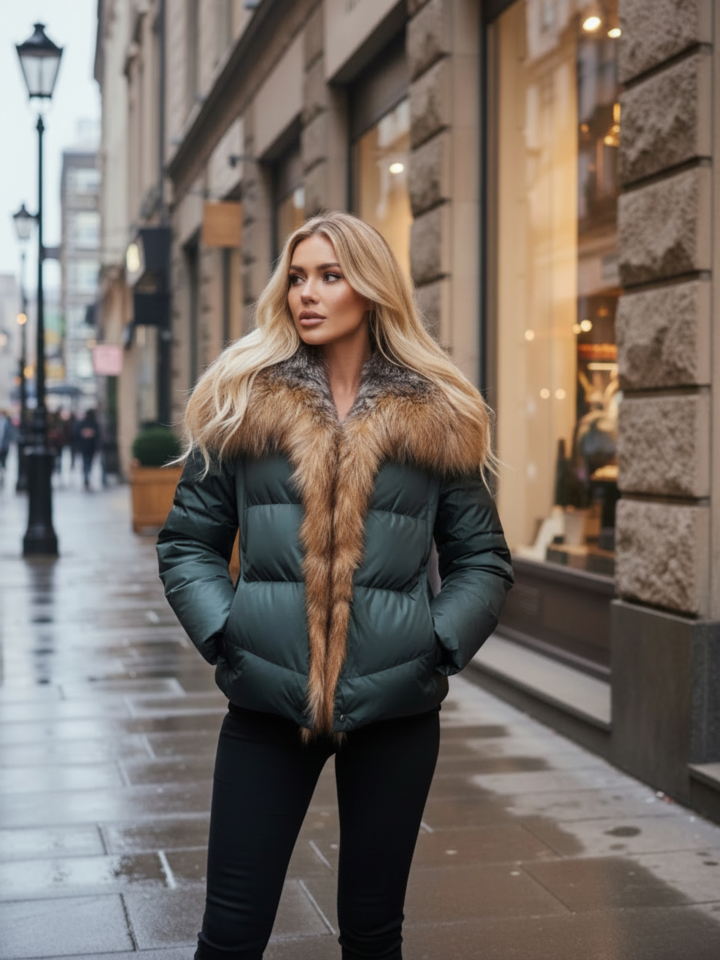 Женский изумрудный короткий пуховик с мехом Mariana в СПб купить - фото 2