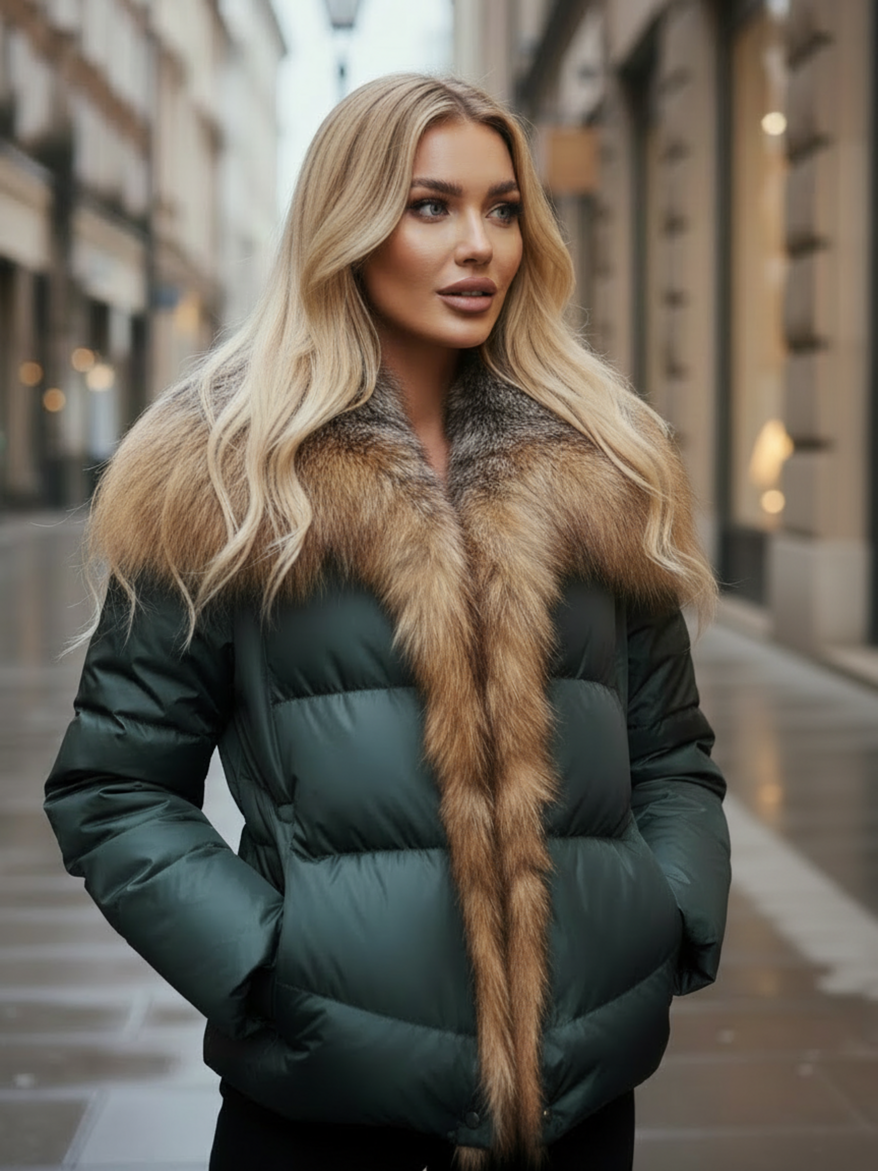 Женский изумрудный короткий пуховик с мехом Mariana