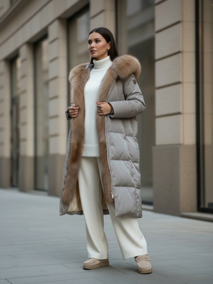 Женский длинный пуховик с мехом лисы Leticia