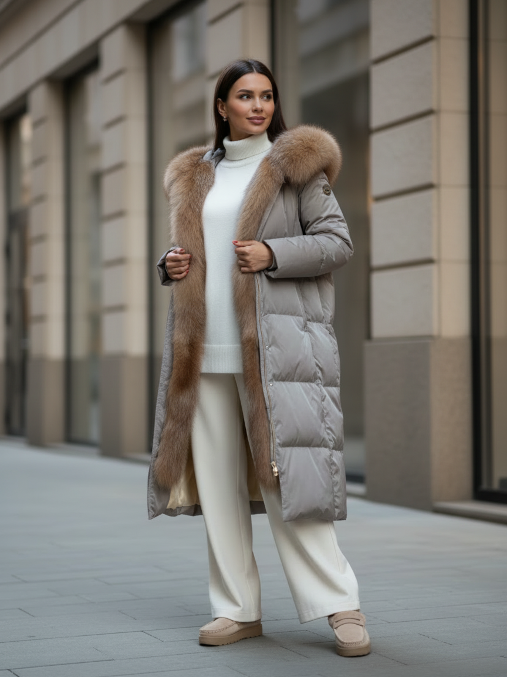 Женский длинный пуховик с мехом лисы Leticia
